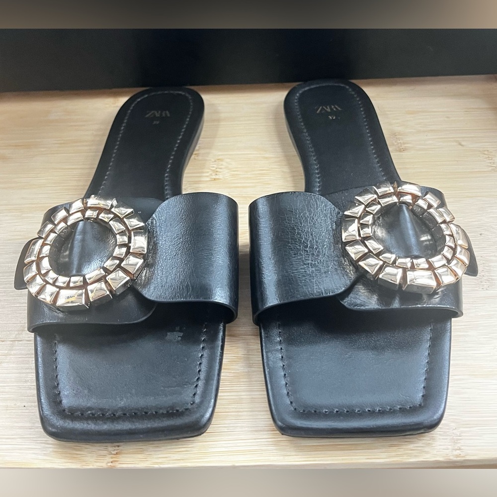 Zara Black Slide Sandals with Gold Circle Embellishment – Size 39 (US 8.5/9) - Picture 2 of 6
